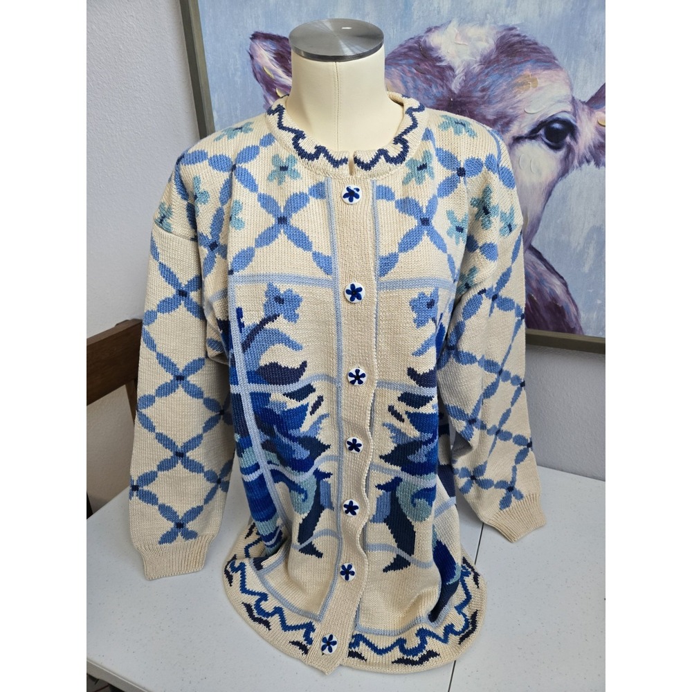 Christine Foley Women's VTG 3‎ Cream Blue Window Floral Birds Thick Knit Sweater